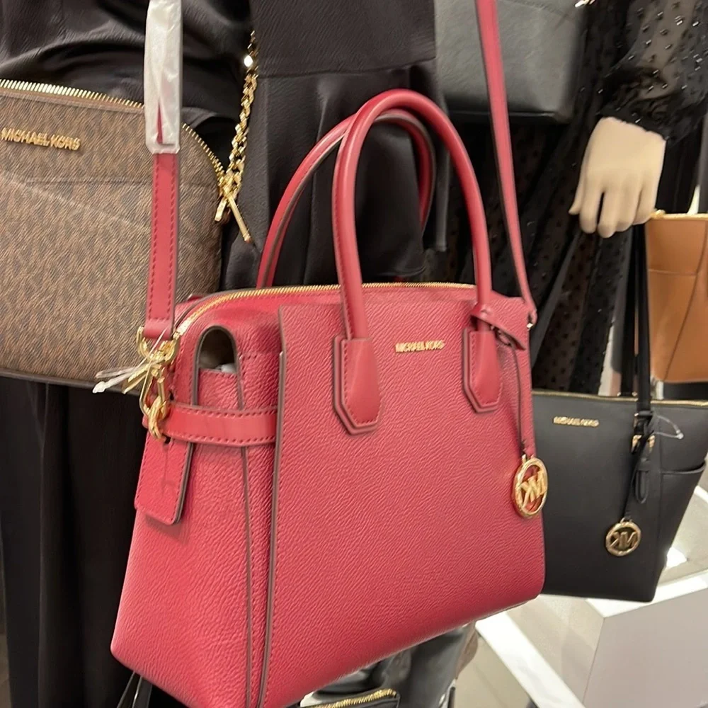 MICHAEL KORS Mercer Medium Two-Tone Pebbled Leather Belted Satchel Mulberry